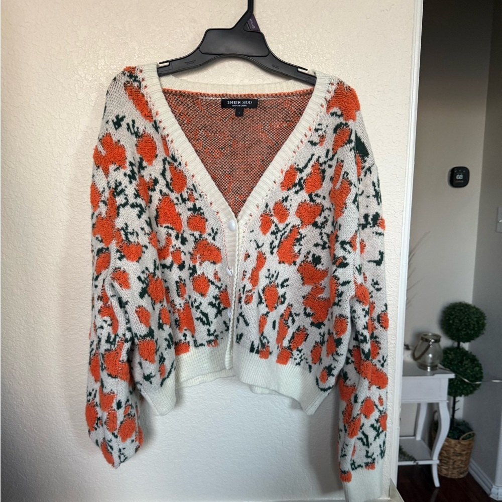 Cream and Orange Floral V-Neck Cropped Cardigan Sweater Large - Picture 12 of 12